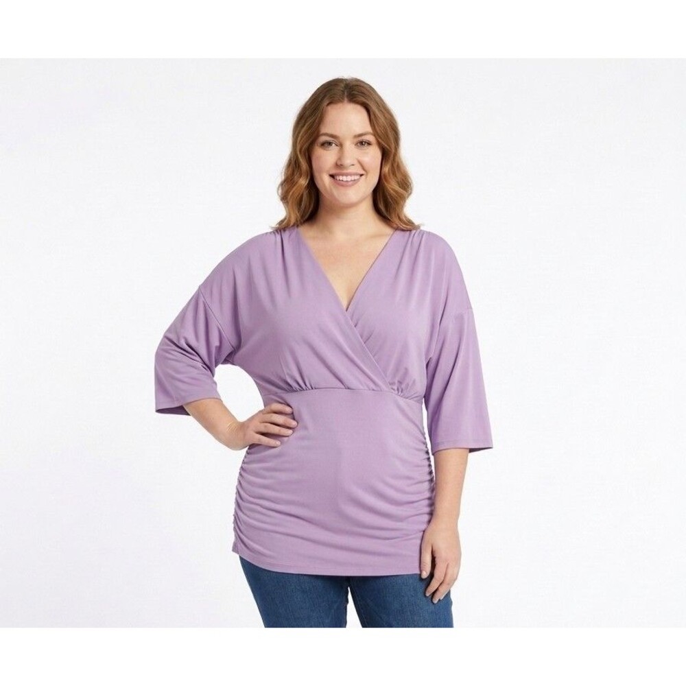 Womens Top 1X Lavender Purple V-Neck Ruched Knit 3/4 Sleeve Crossover Boho-chic